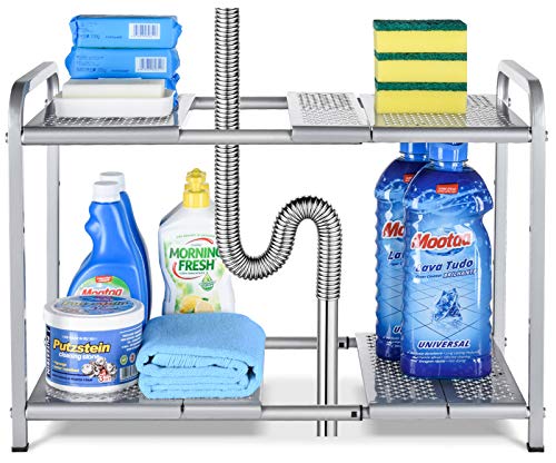 Product Cover Bextsware Metal Under Sink 2-Tier Expandable Shelf Organizer Rack, Adjustable Height and Position, 7 Removable Shelves - Expandable 18'' to 25''for Kitchen Bathroom Cabinets Storage, Chrome