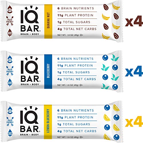 Product Cover IQ BAR Brain + Body Bars, Fruit Lovers Variety | Keto, Paleo-Friendly, Vegan | 11g Protein, 1g Sugar, 4g Net Carbs | Non-GMO, Gluten-Free, No Sugar Alcohols | 12-Count (3 Flavors)