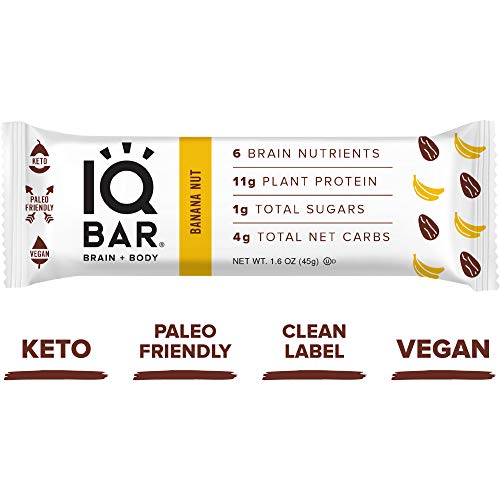 Product Cover IQ BAR Brain + Body Bars, Banana Nut | Keto, Paleo-Friendly, Vegan | 11g Protein, 1g Sugar, 4g Net Carbs | Non-GMO, Gluten-Free, No Sugar Alcohols | 12-Count