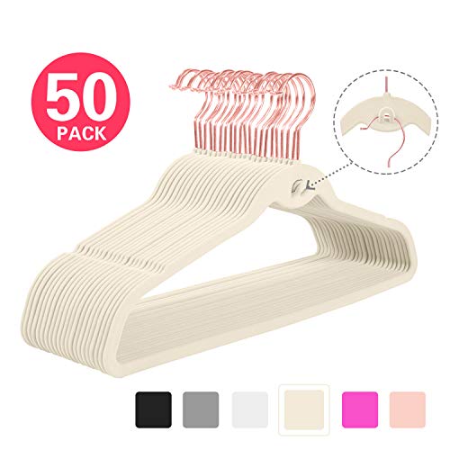 Product Cover MIZGI Upgraded Cascading Velvet Hangers - 50 Pack Heavyduty Non Slip Hangers with Cascading Hooks Ivory - Copper/Rose Gold Hooks,Space Saving Clothes Hangers for Pants,Coat,Shirts,Suits,Dress
