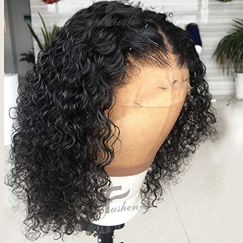 Product Cover Fushen Hair Curly Short Bob Lace Front Wig Brazilian Virgin Hair with Baby Hair Pre Plucked Remy Curly Bob Lace Wig for Black Women (8 inches, 13x6 lace front wig)