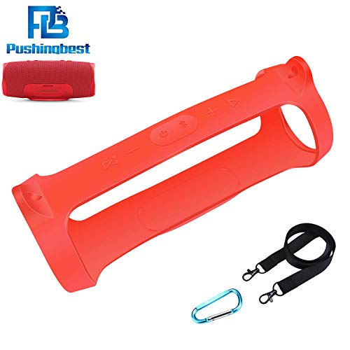 Product Cover Pushingbest Carrying Case for JBL Charge 4 Speaker Durable Silicone Extra Carabiner and String Offered for Easy Carrying (Red)