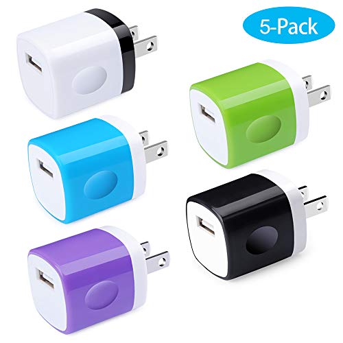 Product Cover USB Wall Adapter, Charger Cubes, 5Pack 1A Travel Single Port Wall Charger Plug Charging Block Box Compatible iPhone X/XR/8/8 Plus/7/6S Plus, Samsung Galaxy S10e S10 S9 S8 Plus/S7/Note 10/9/8, LG G8 G7