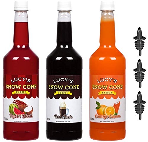 Product Cover Lucy's Family Owned Shaved Ice Snow Cone Syrups with Pourers - Tigers Blood, Root Beer, Orange Cream - 32oz Syrup Bottles (Pack of 3) (Carnival Pack)
