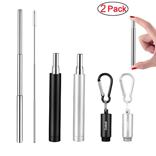 Product Cover 2 Pack Reusable Metal Straws Collapsible Stainless Steel Drinking Straw Portable Telescopic Straw with Case Black/Silver