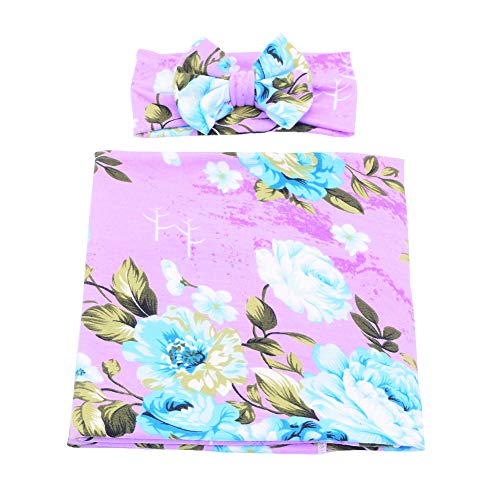 Product Cover Galabloomer Newborn Receiving Blanket Headband Set Flower Print Baby Swaddle Receiving Blankets (Purple)