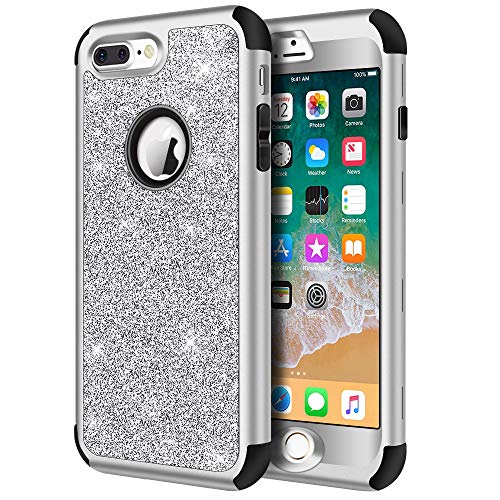 Product Cover iPhone 8 Plus Case, iPhone 7 Plus Case, Hython Heavy Duty Defender Protective Case Bling Glitter Sparkle Hard Shell Armor Hybrid Shockproof Rubber Bumper Cover for iPhone 7 Plus and 8 Plus, Silver