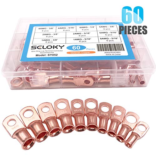 Product Cover Seloky Copper Wire Lugs,60pcs Battery Cable Terminal Closed Ends Eyelets Tubular Ring Connectors Assortment Kit-10 Sizes