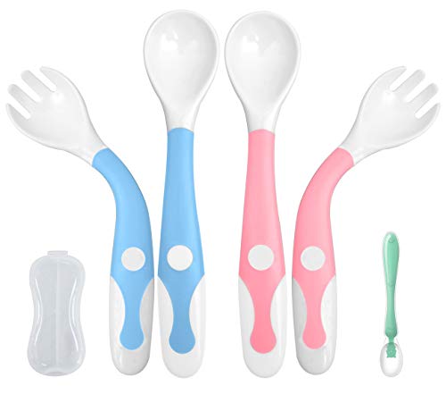 Product Cover Baby Utensils Spoons Forks 2 Sets with Travel Case, YIVEKO Toddlers Self-Feeding Training Utensils Bendable Easy Grip BPA Free Learning Spoons Forks for Kids Pink Blue