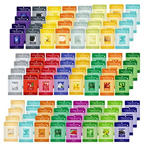 Product Cover Pack of 100, The Elixir Beauty Korean Cosmetics Beauty Collagen Essence Full Facial Mask Sheets Variety Pack Natural Essence Mask Pack Featuring 25 Different Hydrating Full Face Masks