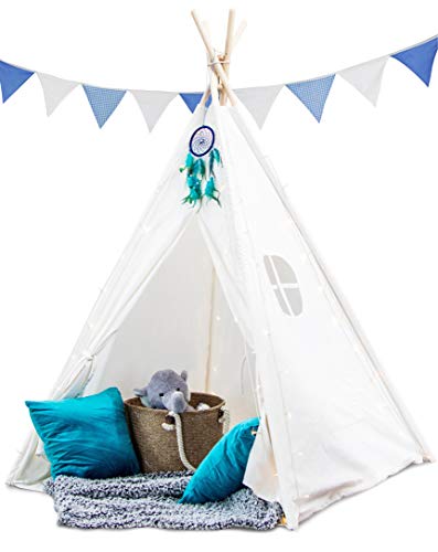 Product Cover Crème Castle Teepee Tent for Kids - Fairy Lights & Dreamcatcher - 100% Cotton Canvas Play Tent with Base - Boys and Girls, Children Indoor / Outdoor Foldable Tipi Tents with Fun Decorations (White)