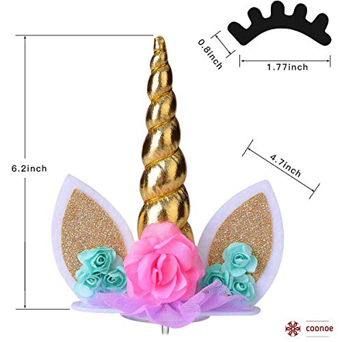 Product Cover COONOE Unicorn Cake Topper,Unicorn Headband,Handmade Party Cake Decoration Supplies with Eyelashes,Reusable Gold Horn for Birthday Party,Baby Shower Wedding