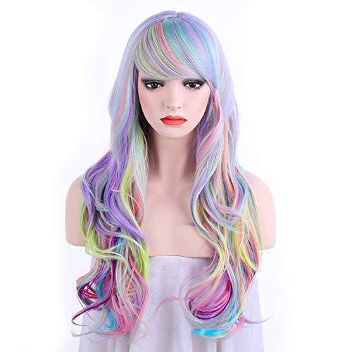Product Cover OneDor Long Curly Multi-Color Pastel Colorful Rainbow Hair Full Wigs - Charming Lolita Cosplay Party Wig