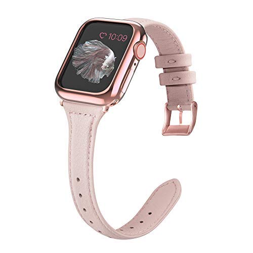 Product Cover MARGE PLUS Compatible Apple Watch Band with Case 38mm 40mm Women, Slim Genuine Leather Watch Strap with Soft TPU Protective Case Replacement for iWatch Series 5 4 3 2 1, Pink