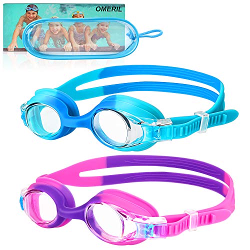 Product Cover OMERIL Swim Goggles, 2 Packs Anti-Fog Leak Proof Kids Swimming Goggles. Flexible Nose Bridge, 3D Tight Fit Design, Wide View Swim Glasses with Portable Case for Children and Teens (Age 6-14)