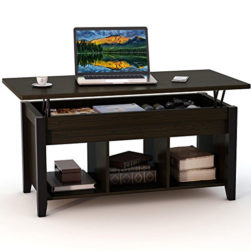 Product Cover Tribesigns Lift Top Coffee Table with Hidden Storage Compartment and Lower Shelf for Living Room, Solid Wood Legs (Black Walnut)