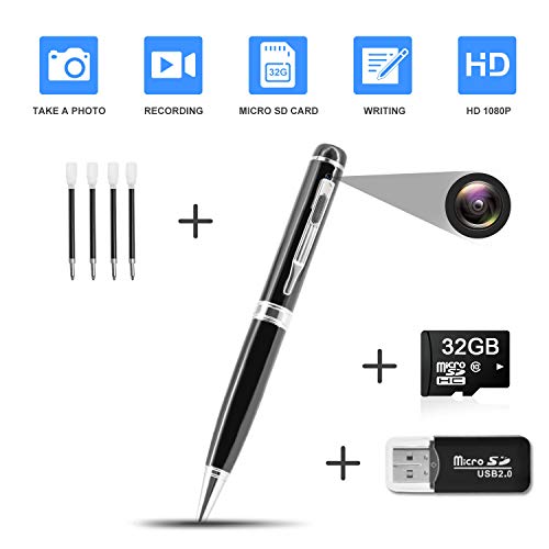 Product Cover Hidden Pen Camera Spy Pen Camera HD 1080P Clip On Body Camera Mini Camera Pen 32GB SD Card with Included Wonderful Spy Gadgets for Business and Conference
