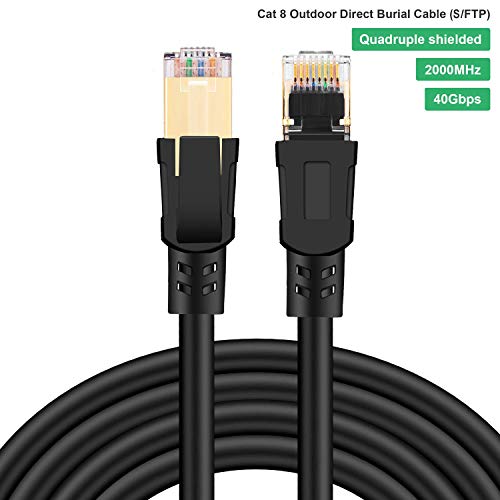 Product Cover Veetcom Cat8 Ethernet Cable 20FT, High Speed 26AWG Cat8 LAN Network Cable 40Gbps, 2000Mhz with Gold Plated RJ45 Connector, Heavy Duty Weatherproof S/FTP UV Resistant for Modem, Router/Gaming/Xbox