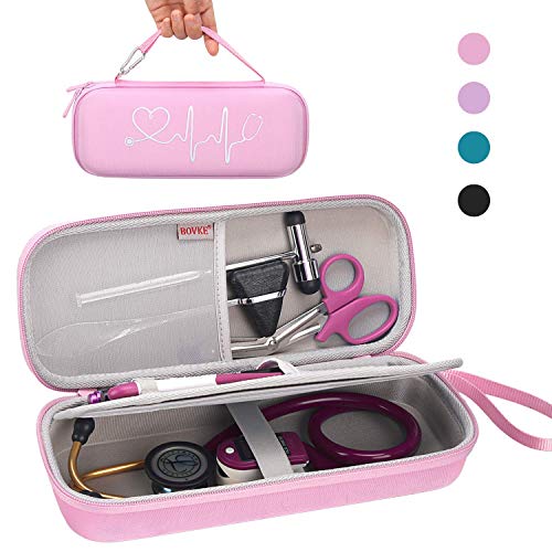 Product Cover BOVKE Carrying Case for 3M Littmann Classic III, Lightweight II S.E, Cardiology IV Diagnostic, MDF Acoustica Deluxe Stethascopes - Extra Room for Taylor Percussion Reflex Hammer and Penlight, Pink