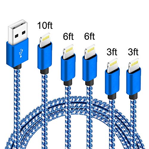 Product Cover IDiSON 5Pack(3ft 3ft 6ft 6ft 10ft) iPhone Lightning Cable Apple MFi Certified Braided Nylon Fast Charger Cable Compatible iPhone Max XS XR 8 Plus 7 Plus 6s 5s 5c Air iPad Mini iPod (Blue White)