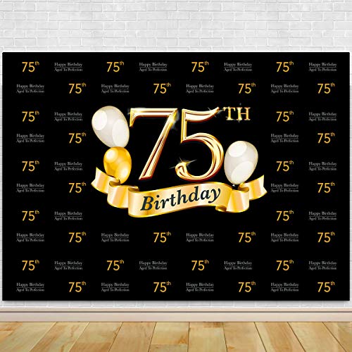 Product Cover Glitter Gold and Black Photo Studio Booth Background Adult Happy 75th Birthday Party Decorations Banner Backdrops for Photography