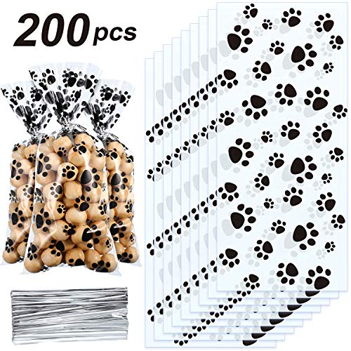 Product Cover Blulu Pet Paw Print Cone Cellophane Bags Heat Sealable Treat Candy Bags Dog Gift Bags Cat Treat Bags with 200 Pieces Silver Twist Ties for Pet Treat Party Favor (200 Pieces)