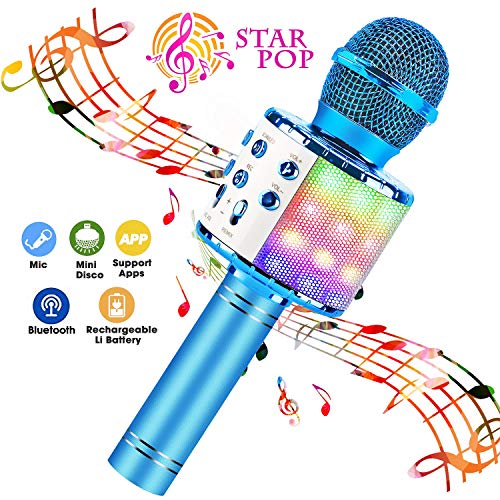 Product Cover BlueFire Wireless 4 in 1 Bluetooth Karaoke Microphone with LED Lights, Portable Microphone for Kids, Best Gifts Toys for 4 6 8 10 12 Year Old Girls Boys (Blue)