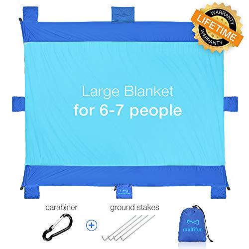 Product Cover multifun Sand Free Beach Blanket, Oversized Quick Drying Compact Outdoor Beach Mat Made from Strong Parachute Nylon, Lightweight & Durable with 4 Stakes & 8 Corner Pockets for Travel, Hiking, Camping