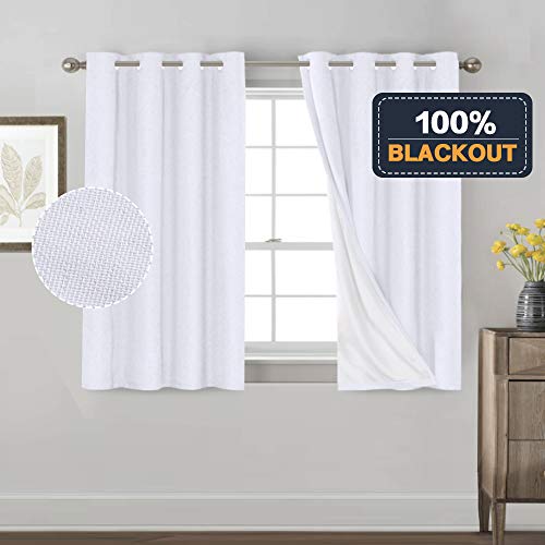 Product Cover Functional 100% Blackout Curtain with Liner for Small Windows Waterproof Primitive Linen Look Curtains 2 Panels Room Darkening Curtains for Living Room (52 x 54 Inches, White + White Liner)