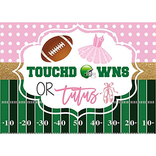 Product Cover Allenjoy 7X5ft Touchdowns or Tutus Gender Reveal Backdrop Boy or Girl He or She Pink or Blue Prince or Princess Baby Shower Photography Background Cake Table Banner Decorations Photo Booth Props