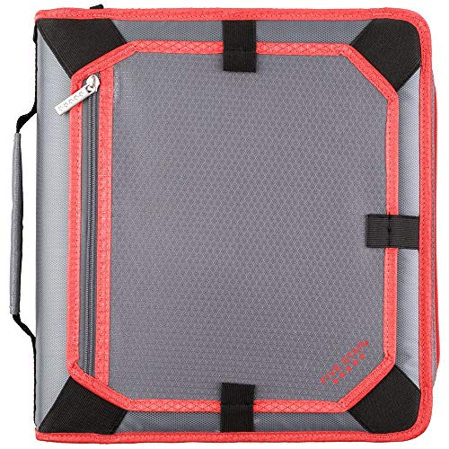 Product Cover Five Star 2 Inch Zipper Binder, 3 Ring Binder, Expansion Panel, Durable, Gray/Bright Coral (29052IY8)