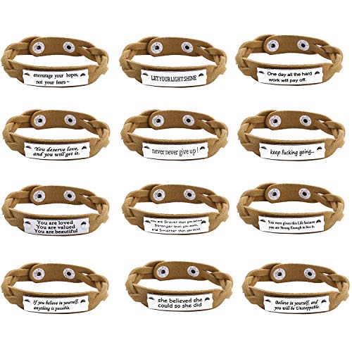 Product Cover YOYONY 12 Pieces Per Pack,Different Inspirational Messages Bracelets Collections,Encouragement/Motivational/Love/Inspired Sayings Artificial Leather Cuff Bangle Assortments,Gifts for Women/Men.