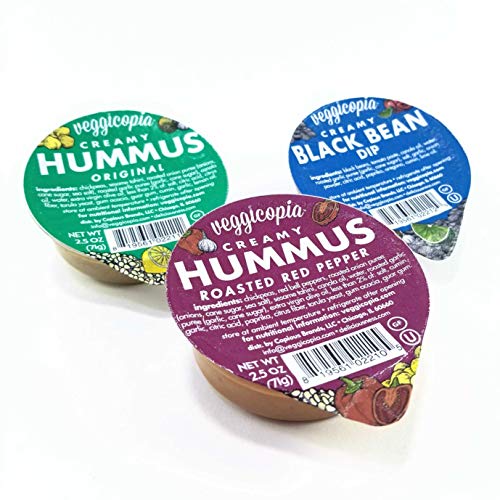 Product Cover Veggicopia Creamy Dip Variety Pack - Original Hummus, Roasted Red Pepper Hummus, Black Bean Dip - All natural, gluten free, dairy-free, vegan - No refrigeration required - 2.5 oz dip cups (Pack of 12)