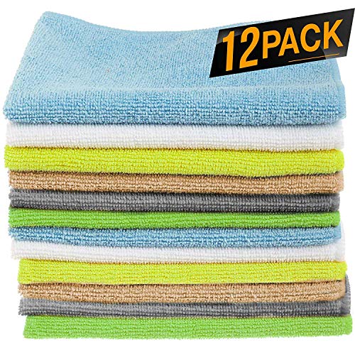 Product Cover 12 Pack Microfiber Cloths Cleaning Supplies [Get Lint-Free Polished Results] Micro Fiber Cleaning Towels, Chemical Free Kitchen Towel, Clean Windows & Cars
