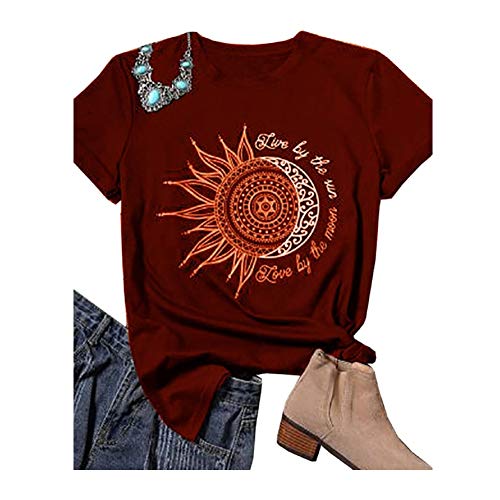 Product Cover MaQiYa Womens Graphic T Shirts Summer Cute Cotton Moon and Sun Tee Shirts and Tees Short Sleeve Casual Loose Tops