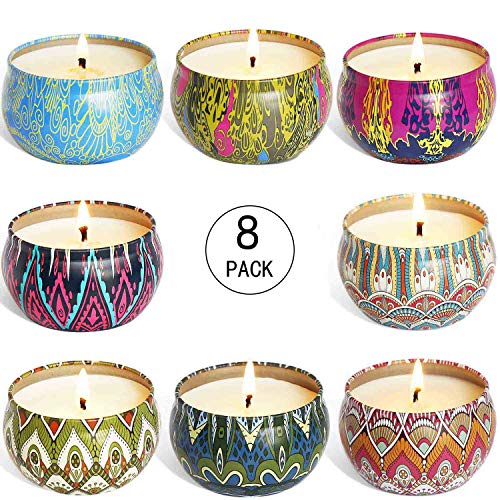Product Cover YIIA Fruity Scented Candles Gift Set, Natural Soy Wax Travel Tin Candle Stress Relief Aromatherapy with Sweet Odor 8-Pack(Lemon, Fig, Lavender, Spring Fresh,Rose ，Jasmine，Vanilla，Bergamot)