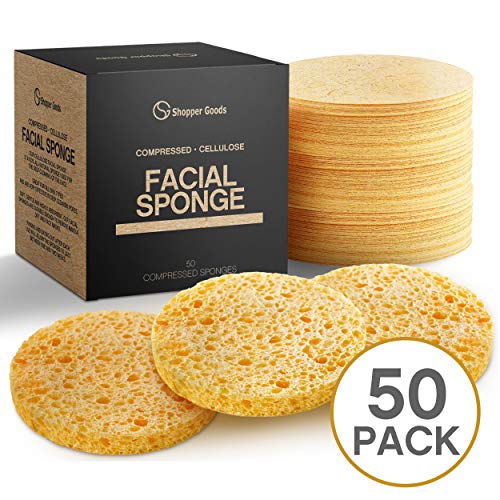 Product Cover Facial Sponges 100% Natural Compressed Cellulose (50 Count Pack) | Eco-Friendly & Reusable | Makeup Remover Pads/Sponge | Exfoliating Facial Wash/Scrub & Skin Cleanser