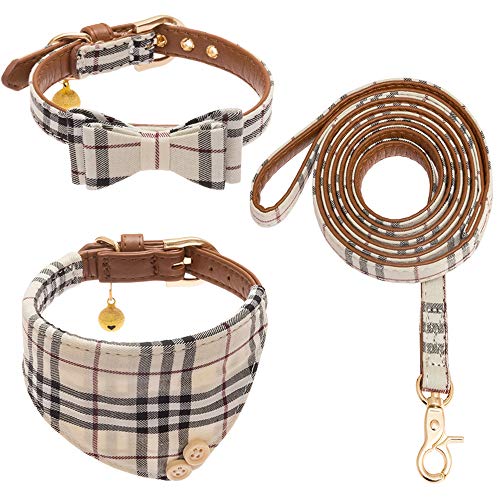 Product Cover CHERPET Bow Tie Dog Collar and Leash Set - Cute Plaid Bandana Necktie Adjustable Leather Small Dog Collars with Bell, Safety Outdoor Walking Soft Cotton Comfortable for Puppy Kittens Cat,3pcs/Set