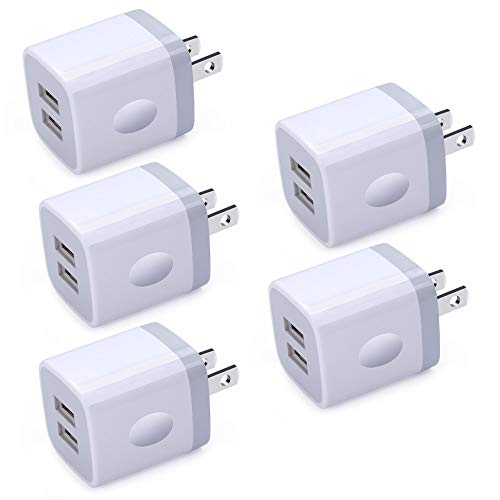 Product Cover USB Wall Charger, Charging Block, Ououdee 5Pack 2.1A Quick Dual Port Plug Charger Box Cubes Compatible for iPhone XS Max/XR/X/8/7/6/6s, Samsung Galaxy S10e S10 S9 S8 Plus/S7 S6 Edge Note 9/8, LG G8 G7