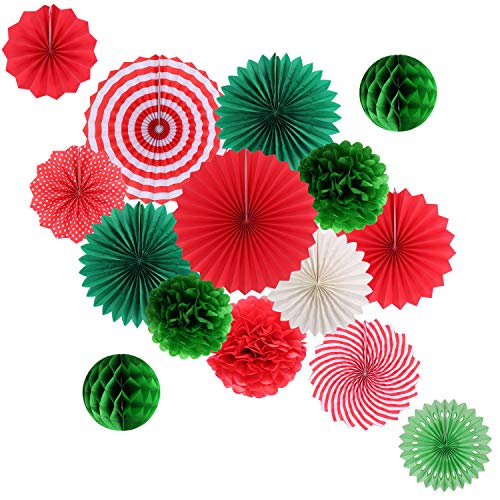 Product Cover Hanging Party Decorations Set Tissue Paper Fan Paper Pom Poms Flowers and Honeycomb Ball for Christmas Wedding Engagement Graduation Party Decor Green Red Kit