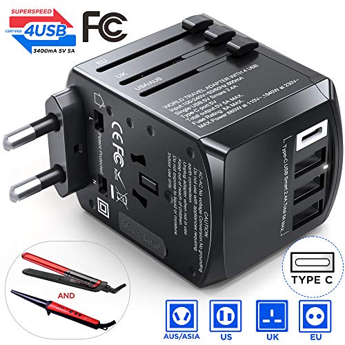 Product Cover Gimars Travel Adapter, Upgrade True 1840W Stable International European Power Plug Adapter, Worldwide All in One Universal Wall Charger with Type C A G I 4 USB Port for US EU UK AU Asia 200 Countrie
