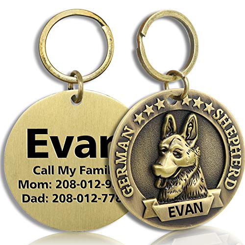Product Cover FunTags Bronze Breeds Customized Dog Head 3D Effect Dog ID Tag,High-Relief Copper Dog Tag,Personalized Stainless Steel Front&Back Laser Engraving Dog Name Tag,German Shepherd Tag