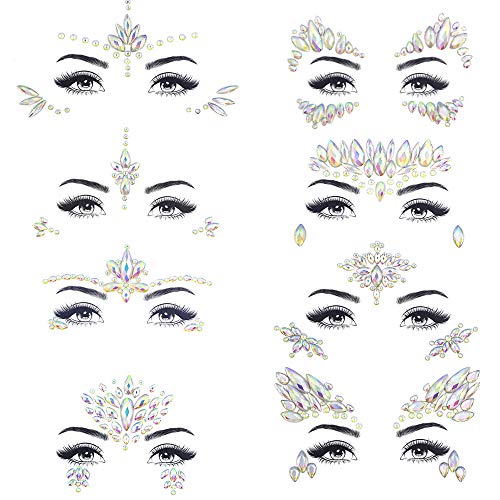Product Cover Noctilucent Face Gems Luminous Temporary Tattoo Stickers Acrylic Crystal Glitter Stickers Waterproof Face Jewels Rainbow Tears Rhinestone for Party, Rave Festival, Dress-up of ZLXIN(8 Pcs A Set)