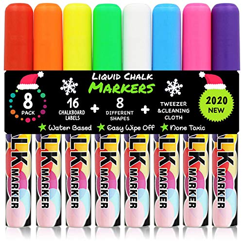 Product Cover OUTWIT Liquid Chalk Markers, Erasable Chalkboard Neon Pens for Kids Art, 8 Packs Non-Toxic Window Markers with Chisel or Fine Tip,16 Labels, Drawing Markers for Menu Board Bistro Board, Blackboard