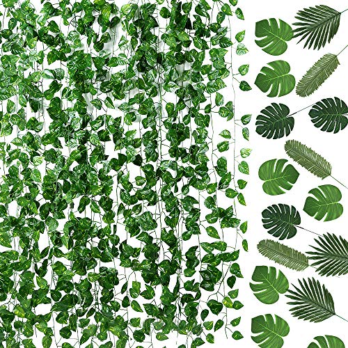 Product Cover Auihiay 93 FT 12 Strands Artificial Ivy Leaf Plants Vine Garland and 24 Pieces Artificial Palm Leaves for Home Wall Garden Baby Shower Wedding Home Party Decor