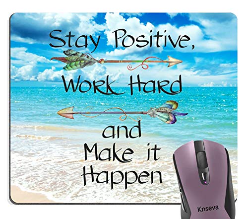 Product Cover Knseva Stay Positive Work Hard Make It Happen Arrow Print Inspirational Quote Mouse Pads, Motivational Quotes Sunny Day Navy Blue Ocean Beach Scene Mouse Pad