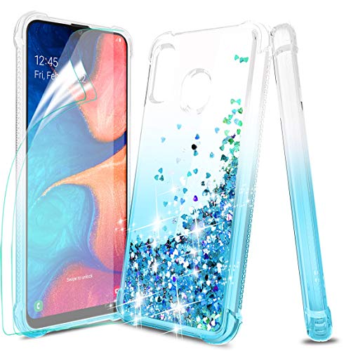 Product Cover Tmacker Samsung Galaxy A20 Case,Galaxy A30/A20 Phone Case w/ 2 PCS HD Screen Protector,TPU Glitter Quicksand Shockproof Protective Phone Cover for Girls Women-Teal