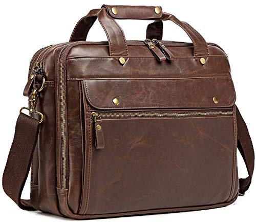 Product Cover Leather Briefcase for Men Computer Bag Laptop Bag Waterproof Retro Business Travel Messenger Bag for Men Large Tote 15.6 Inch Husband Gifts (Brown)