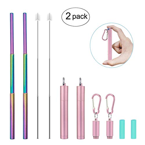 Product Cover Reusable Stainless Steel Straws-OYUNKEY Portable Telescopic Drinking Metal Straws with Case,Cleaning Brush & Straight Straw Kit,3.9-9.3 inches,2 Pack