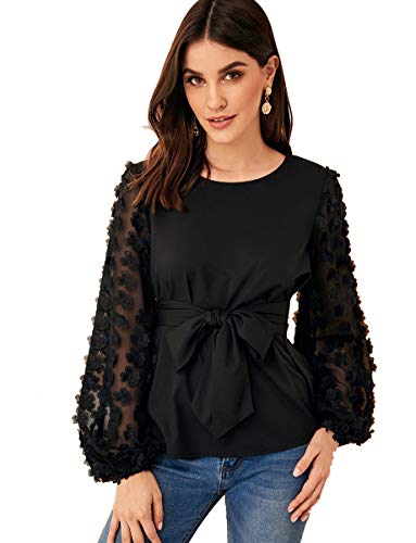 Product Cover ROMWE Women's Mesh Embroidered Floral Sleeve Self Belted Blouse Top